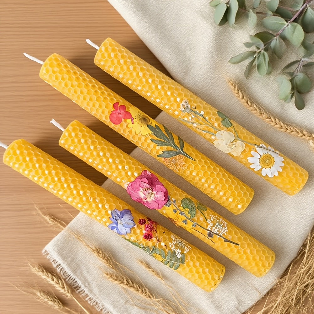Floral Cone Candle Holders Set of 4 ¨C 10-Inch Decorative Beeswax Taper Candles for Holiday Parties, Valentine's Day & Mother's Day Gifting