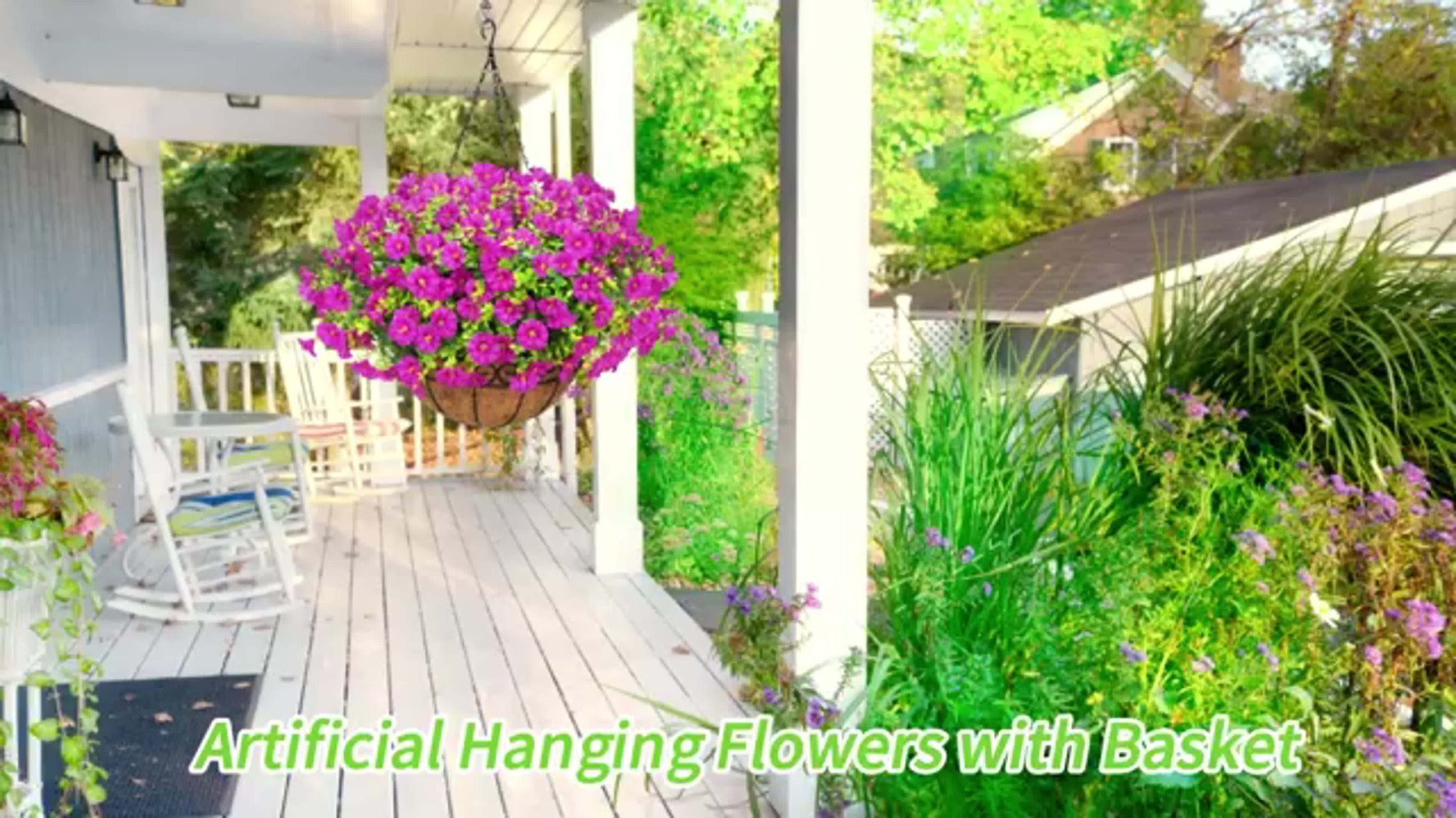 Artificial Hanging Flowers Outdoor UV-Resistant Fake Petunias with Planter Basket ¨C Realistic Faux Hanging Plants for Garden Patio Porch Balcony Railing Decor
