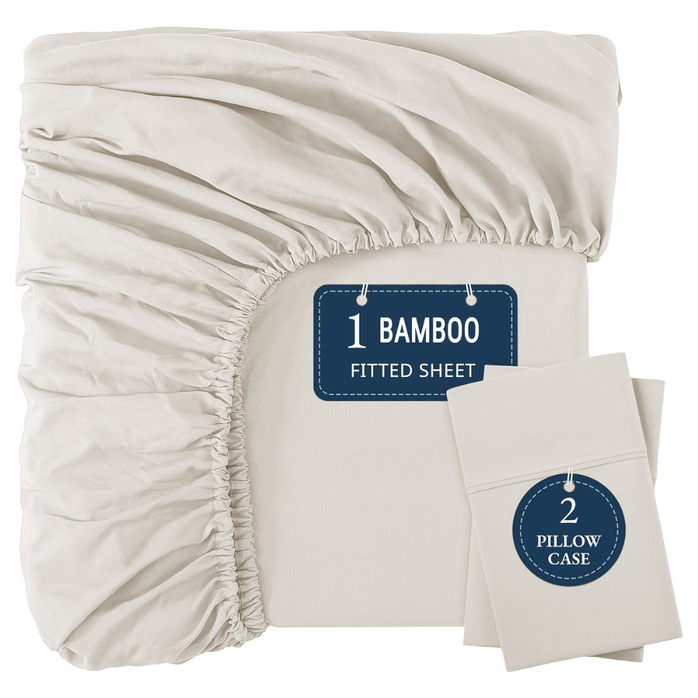 Bamboo Fitted Sheet Set 3-Piece ¨C Cooling Breathable Soft Deep Pocket Bed Sheets, Twin Full Queen King, 12 Colors ¨C Fits Mattress Up to 15¡±