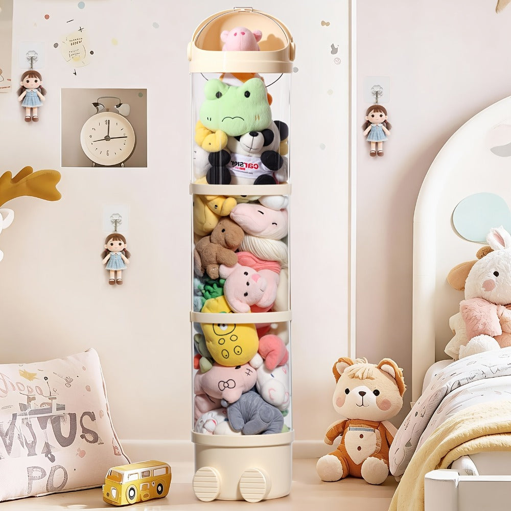 Stackable Round Stuffed Animal Storage Box with Lid ¨C 3-Tier Plastic Plush Toy Organizer with Layered Storage for Dolls Toys & Miscellaneous Items ¨C Kids Room Decor