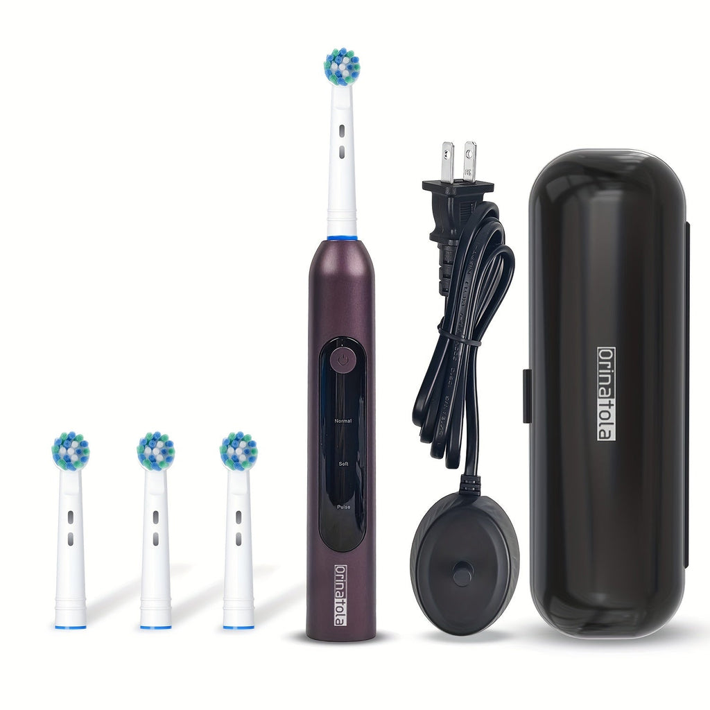 Electric Toothbrush with 3 Rotating Cleaning Modes - Induction Charging, 4 Replacement Brush Heads, Travel Case Included, Couples Toothbrush Set, Deep Plaque Removal, Holiday Gift, Black Purple Blue