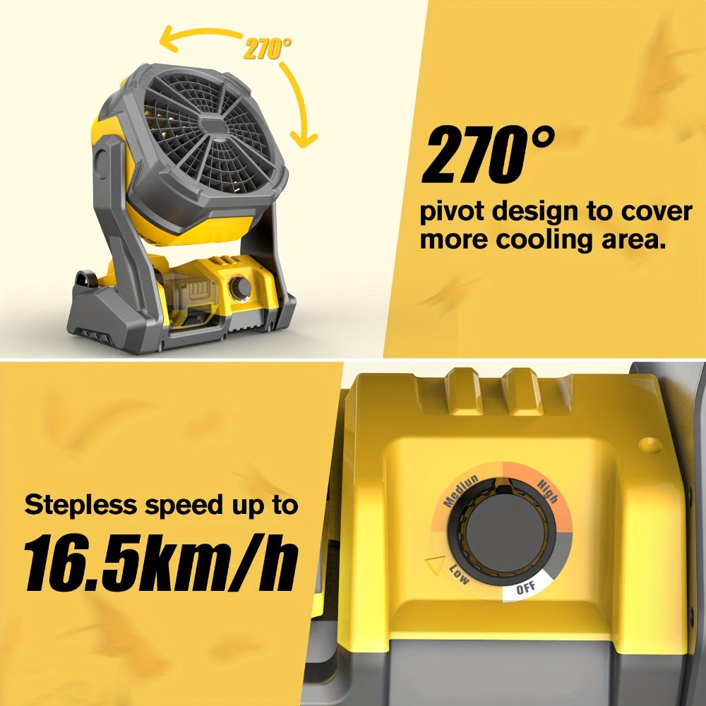 Cordless Camping Fan Compatible with DeWalt 20V Max Battery Adjustable Speed 180 Degree Tilt Built-in LED Light Hook for Hanging Portable Outdoor Fan Yellow Battery Not Included
