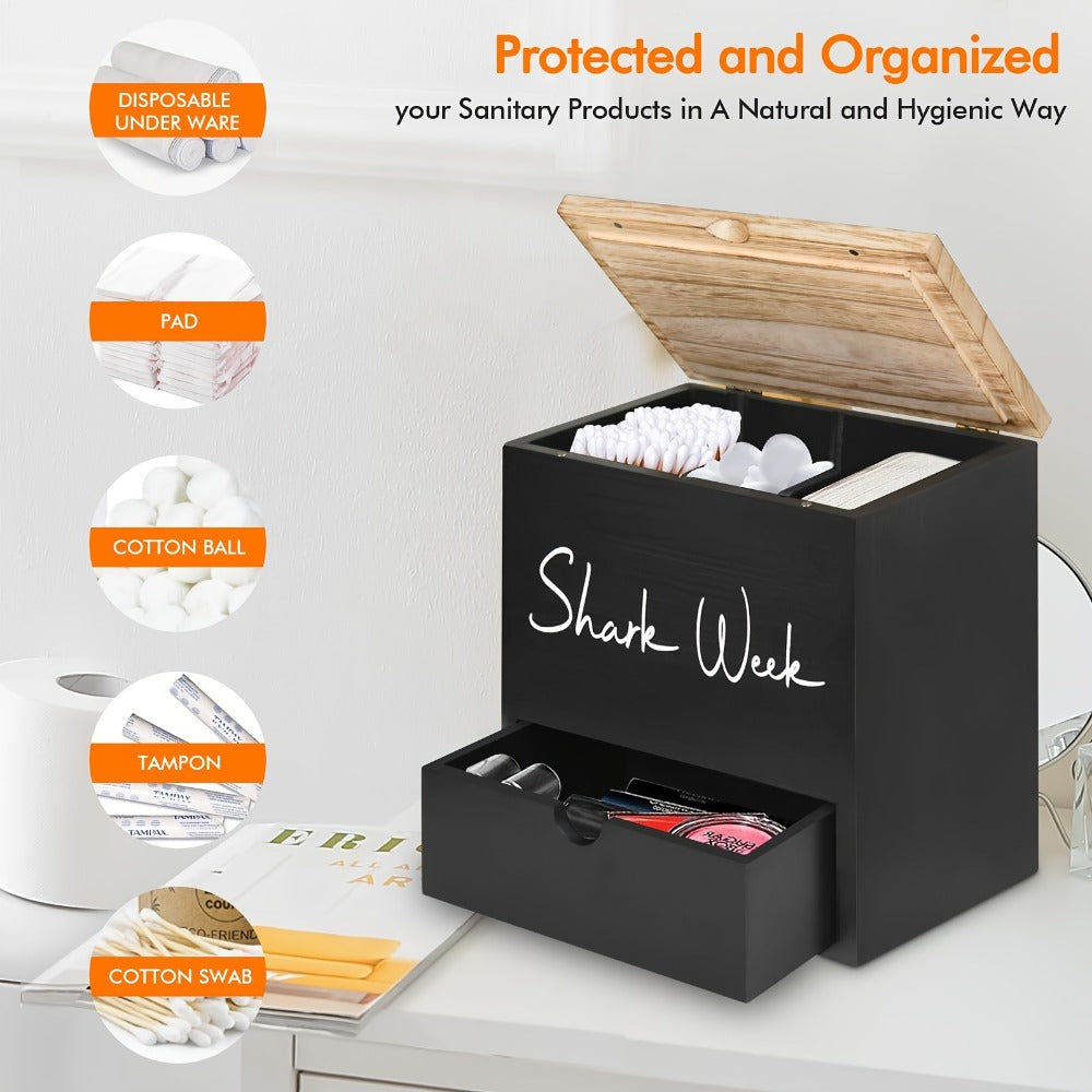 Tampon & Pad Organizer Box with Lid - Wooden Bathroom Storage Bin with Drawer, 3-Compartment Feminine Products Caddy, Farmhouse Bathroom Decor