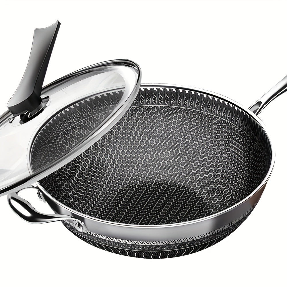 Stainless Steel Wok 13.3 Inch Honeycomb Non-Stick with Lid Spatula & Pot Brush ¨C All Cooktop Compatible Stir Fry Pan | Induction Gas Electric Ceramic | Complete Kitchen Wok Set Cooking Accessories