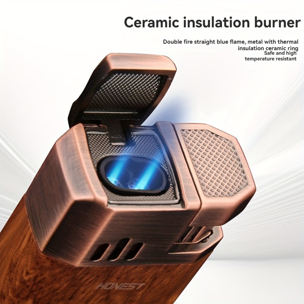 Cigar Torch Lighter with V-Shaped Cigar Cutter Built-in Clip Dual Windproof Jet Flame Visible Gas Window Integrated Cigar Lighter for Men Butane Gas Not Included