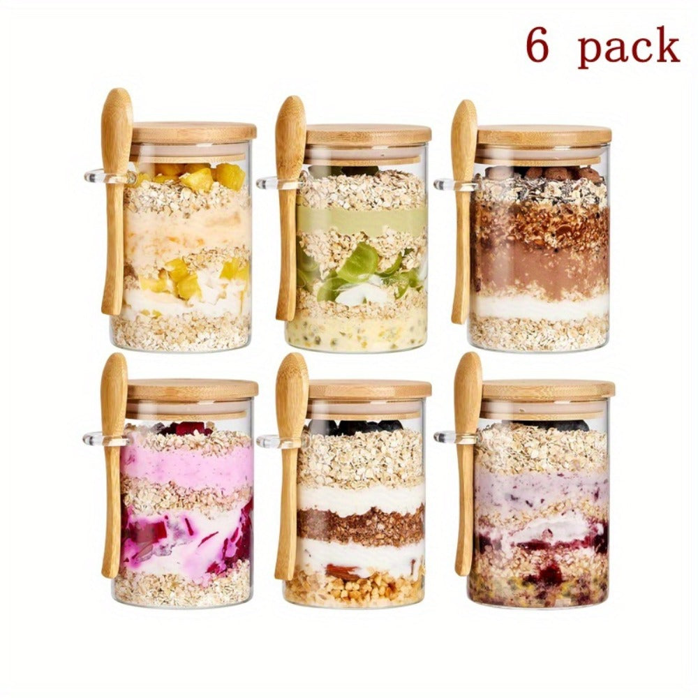 Overnight Oats Jars with Bamboo Lids & Spoons, 500ml Glass Meal Prep Containers ¡ª Dessert Bowl Set for Chia Pudding, Salad, Cereal, Yogurt & Sourdough Starter | 4 or 6 Pack