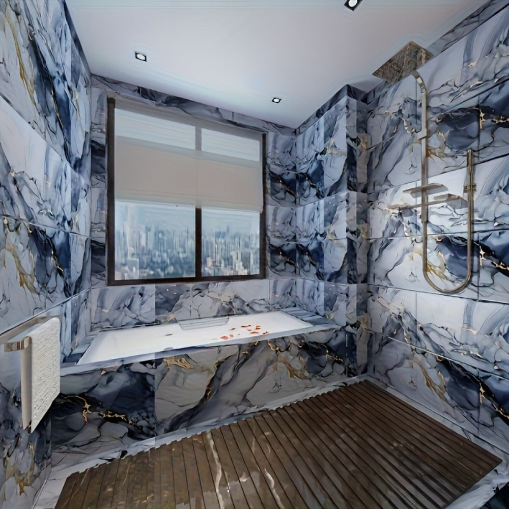 Peel and Stick Marble Tile Stickers ¨C Self Adhesive Foam Wall Tiles for Bathroom Kitchen Office Bohemian Home Decor (50/100pcs, White/Gray/Black/Blue Gold)