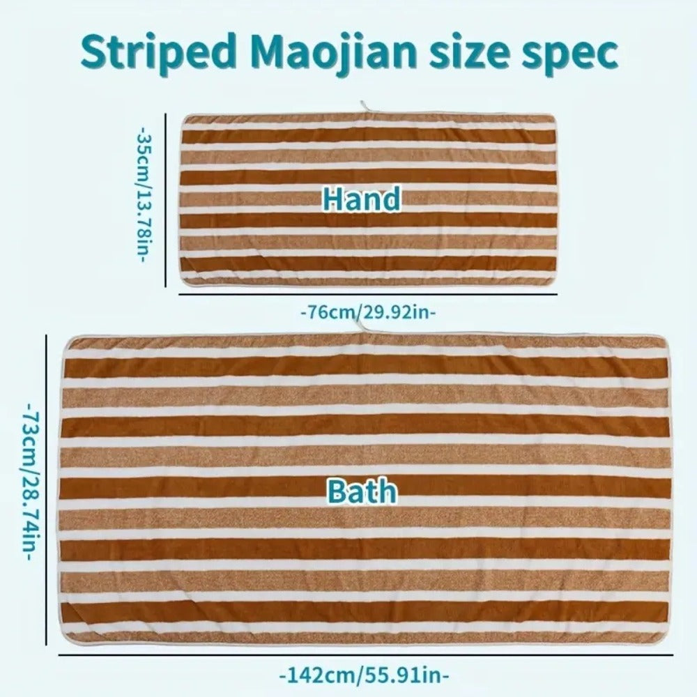 Coral Fleece Towel Set 9 or 15 Piece No Hair Loss 320GSM - Super Soft Absorbent Two-Color Striped | 2 Bath 2 Face 5 Hand Towels | Gray Brown Red Green Blue Mixed | Bathroom Beach Essentials