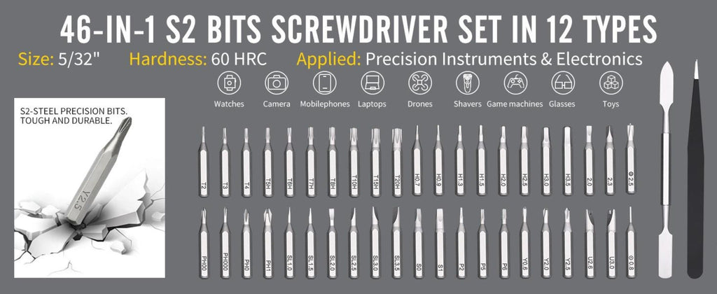 Precision Screwdriver Set 46-in-1, Magnetic Mini Professional Repair Tool Kit with CR-V Steel Phillips Slotted Torx Hex Y-Type Bits for Phone, Laptop, Watch, Game Console, Tablet & Electronics Repair