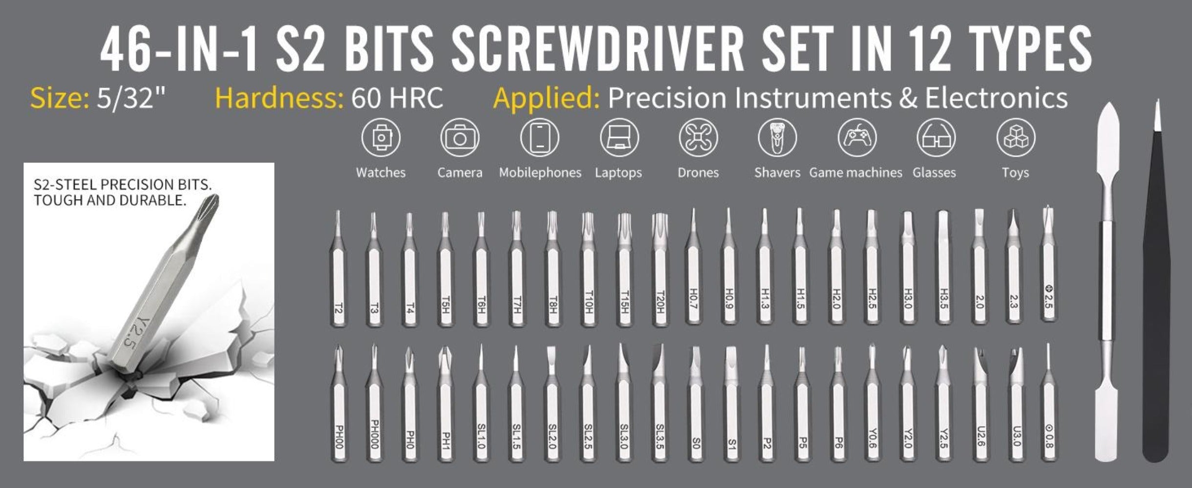 Precision Screwdriver Set 46-in-1, Magnetic Mini Professional Repair Tool Kit with CR-V Steel Phillips Slotted Torx Hex Y-Type Bits for Phone, Laptop, Watch, Game Console, Tablet & Electronics Repair