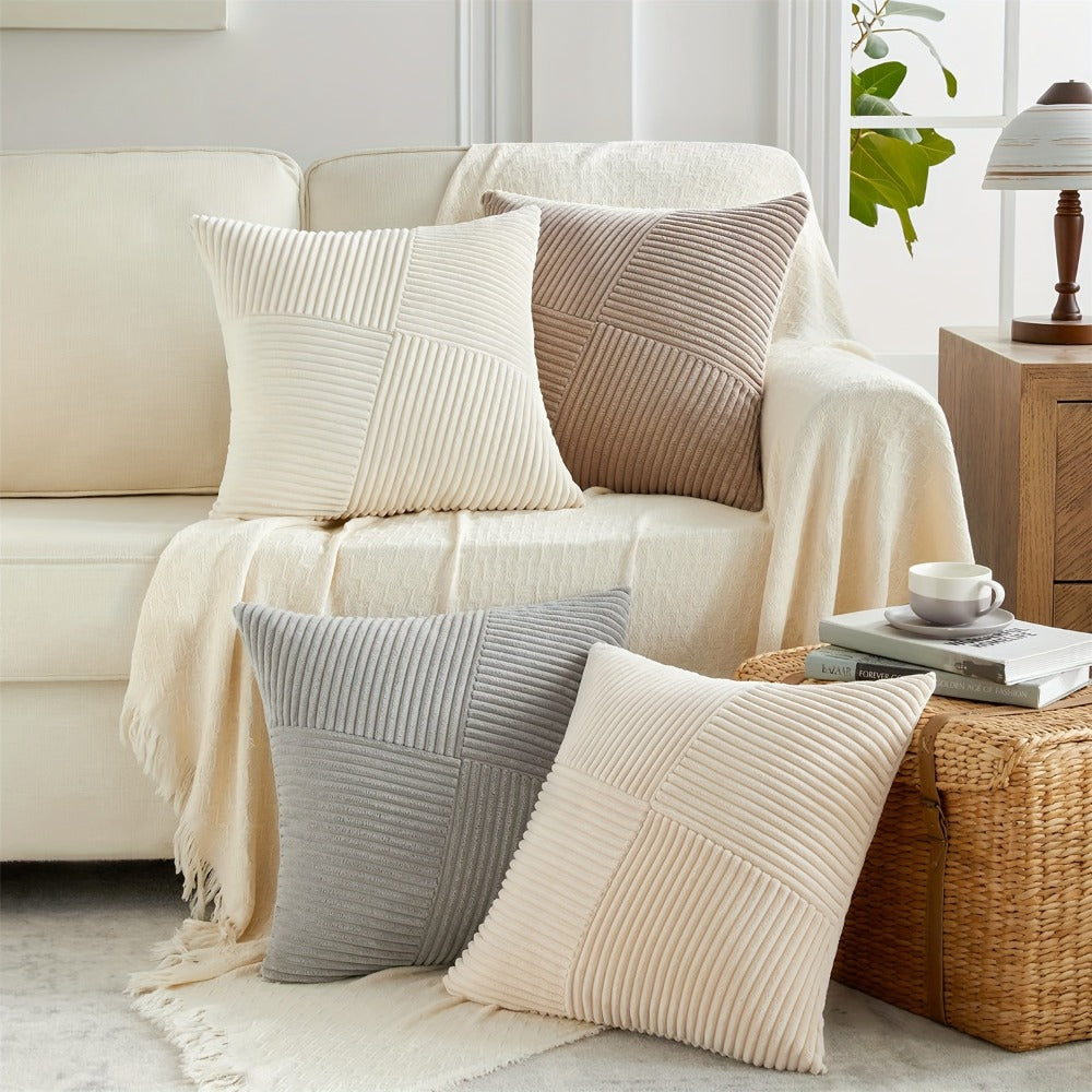 Throw Pillow Covers 18x18 Set of 4 - Boho Decorative Cushion Covers for Couch Sofa Bed, Soft Corduroy Textured Square Pillow Cases, Neutral Farmhouse Home Decor - Navy Blue Pink Mustard Sage Rust