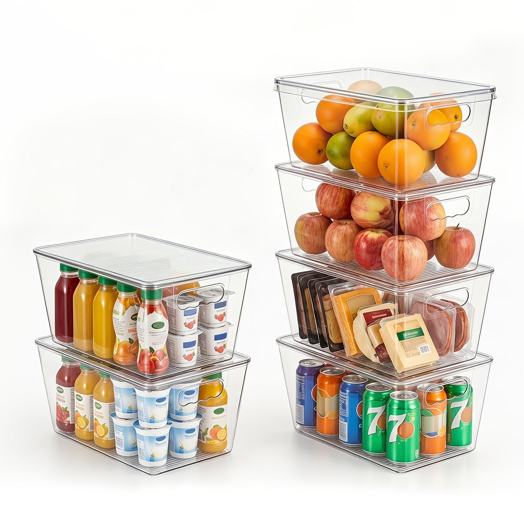 Clear Stackable Storage Bins with Lids 6 Pack - Medium Plastic Organizer Containers with Handles for Pantry Kitchen Fridge Cabinet Closet and Bathroom, Food Safe Transparent Bins for Snacks Drinks Canned Goods and Household Supplies, 10x6x5 Inch