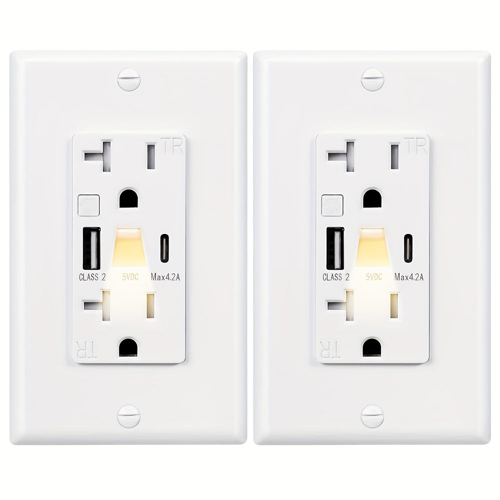 USB Wall Outlet with Night Light 20A 125V Tamper-Resistant - Type A & Type C Ports 5V 4.2A Fast Charging - ETL Listed USB C Electrical Outlet with Wallplate Included - White Smart USB Socket