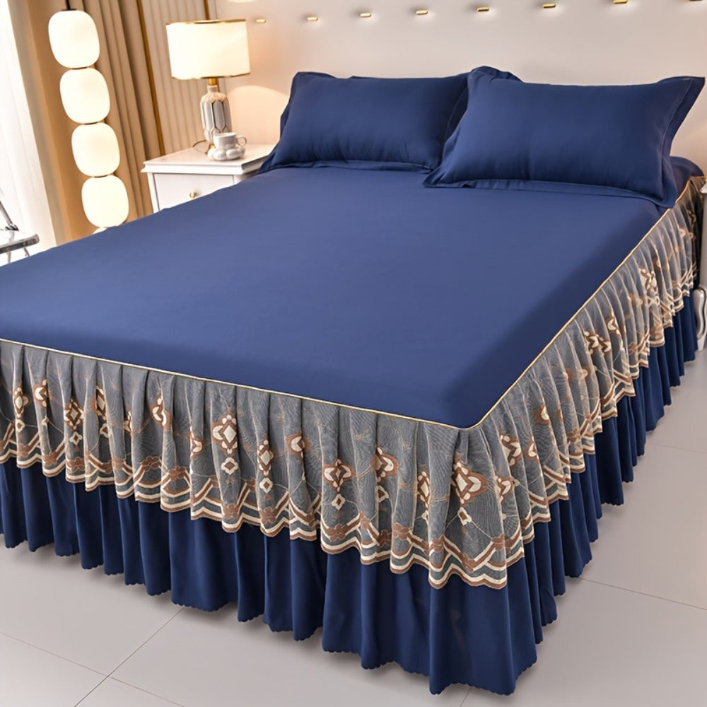 Macrame Lace Bed Skirt Set 3pcs ¨C Double Layer Non-Slip Bed Skirt with 2 Pillowcases All Seasons Twin Full Queen King