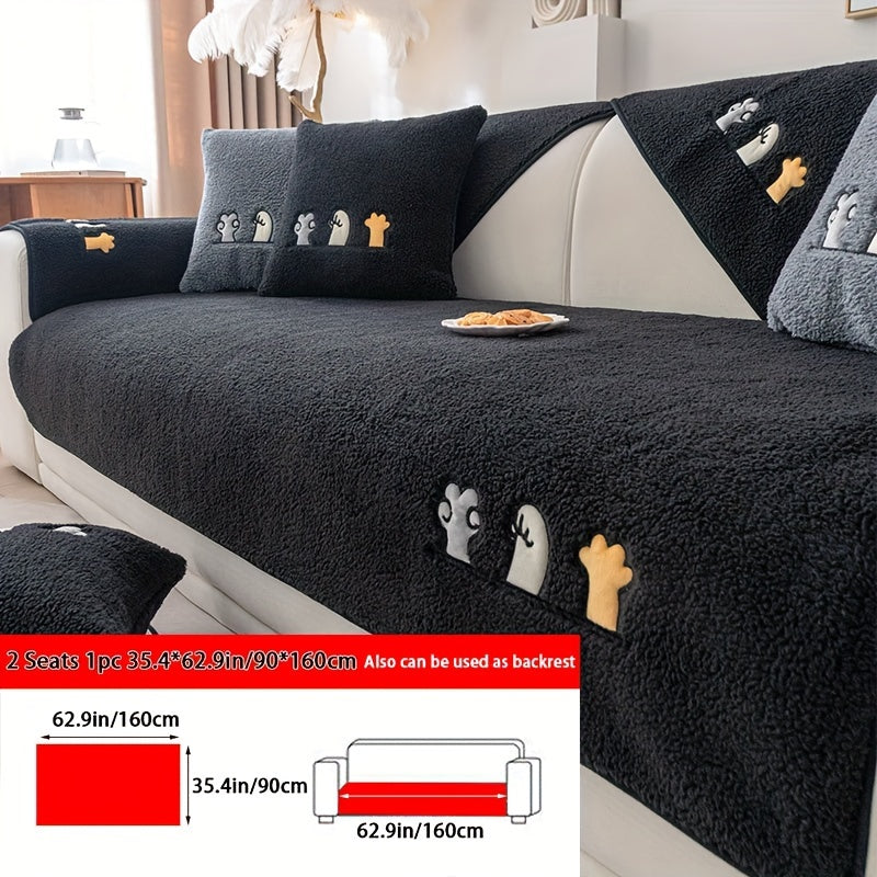Plush Shearling Sofa Cover Non-Slip Pet-Friendly Couch Protector Animal Bone Embroidery Soft Warm for Living Room Bedroom Office 2 3 4 Seater