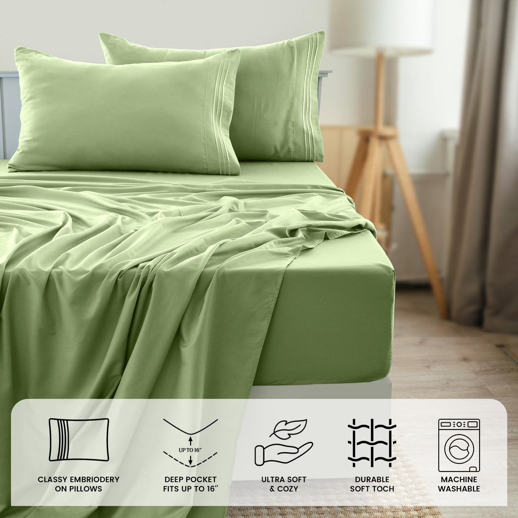 Fitted Sheet Set 6-Piece Brushed Polyester Deep Pocket Bed Sheets 20 Colors Hotel Luxury Soft Bedding with Embroidered Pillowcases