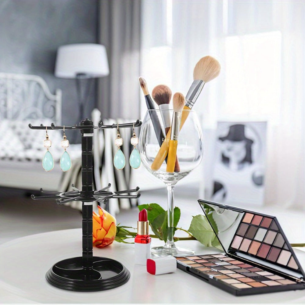 Rotating Jewelry Stand 2-Tier Black ¨C Necklace Bracelet Earring Organizer Display Rack, Plastic Hanging Jewelry Tower for Dressing Table Counter, Keychain Holder, No Electricity Needed