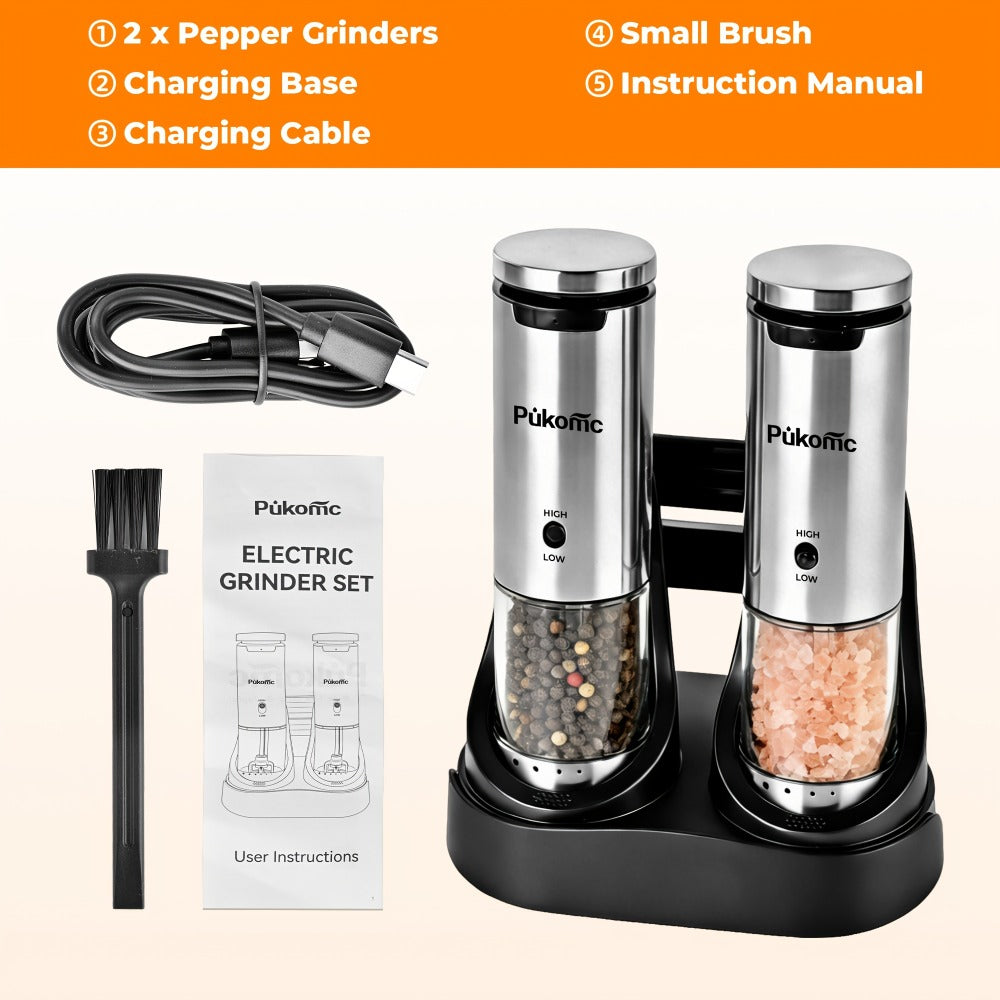 Electric Pepper Grinder Set of 2, Rechargeable with Charging Base, 6 Adjustable Coarseness Settings, Built-in LED Light & ABS Motor ¡ª Salt & Pepper Mill for Peppercorns & Spices, Brush Included