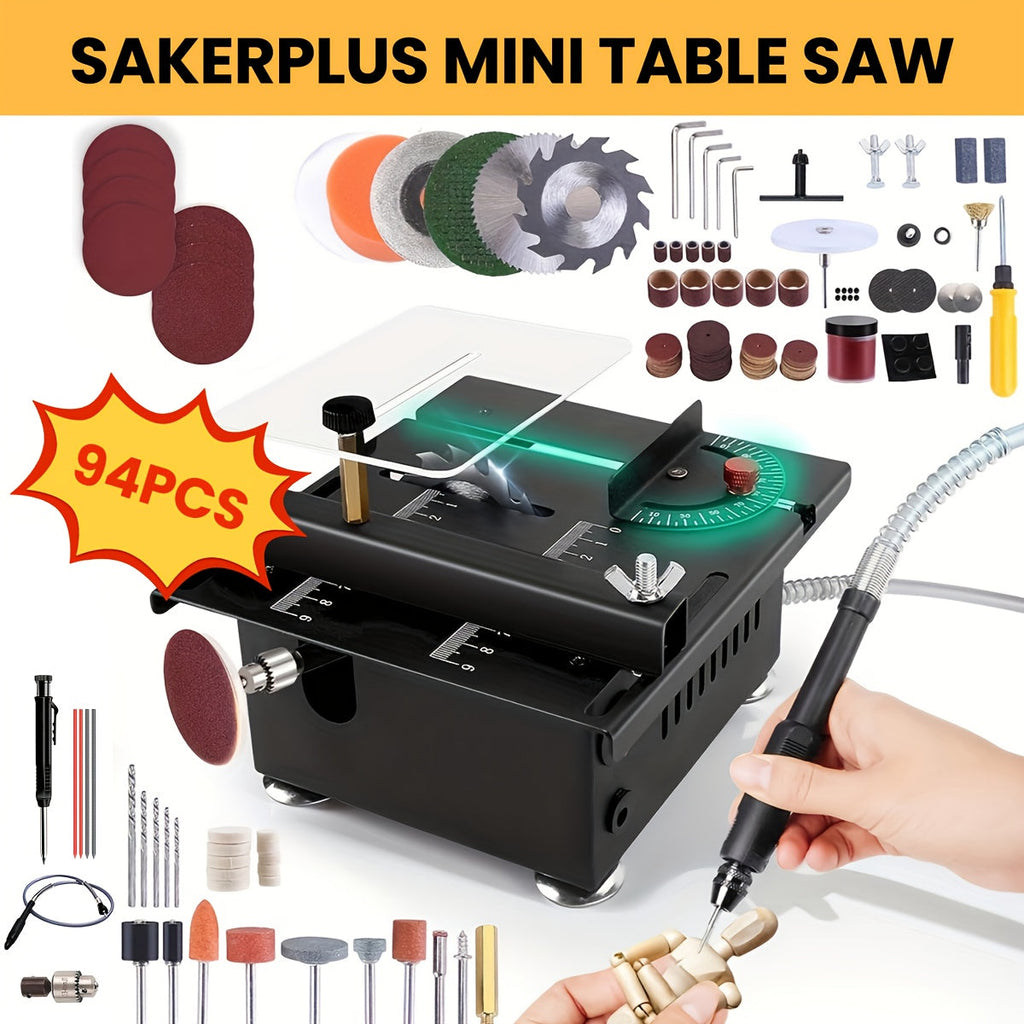 100W Electric Mini Table Saw with Woodworking Pen Set, 7-Speed & Angle Adjustable, 16mm Max Cutting Depth, Precision Crafts Model Making DIY Jewelry Home Projects, Great Gift for Men & Beginners