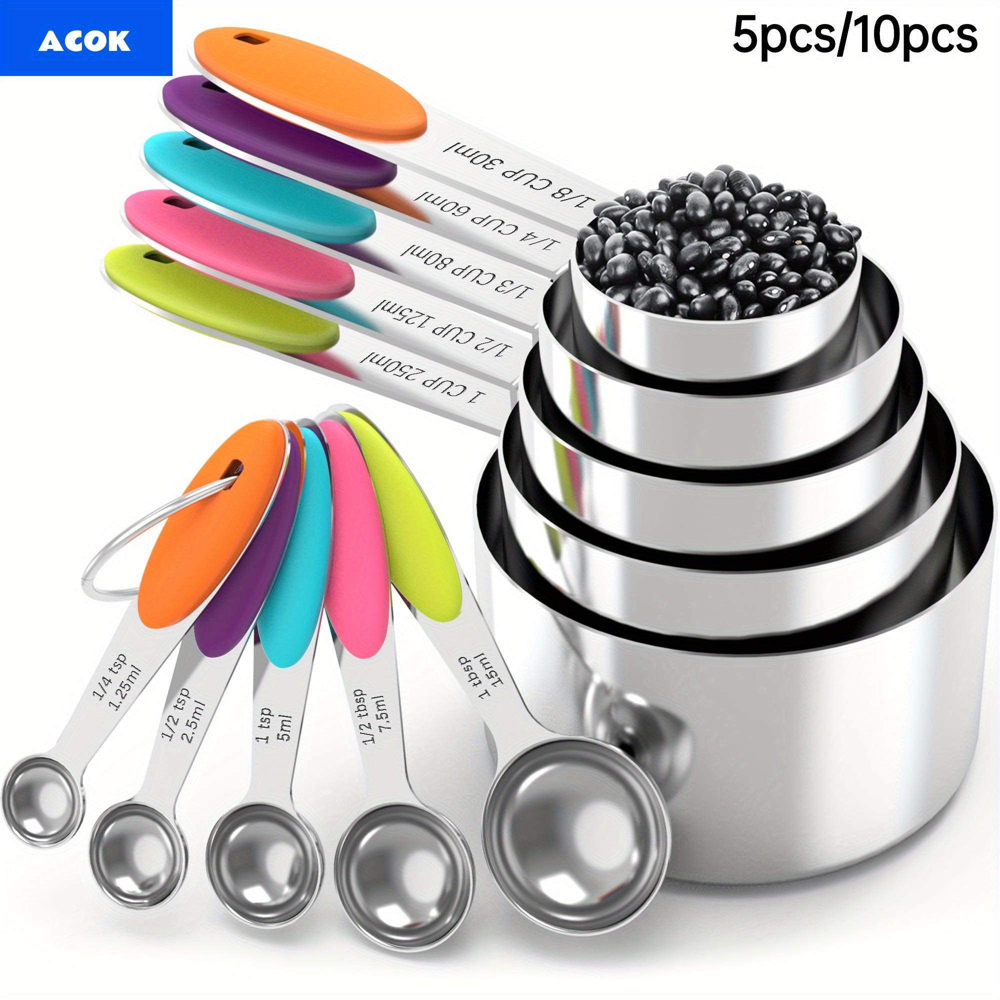 Measuring Cups and Spoons Set 10-Piece Stainless Steel with Silicone Handle ¨C Precise Baking & Cooking Measurement Tools | Dishwasher Safe | Christmas Kitchen Gift