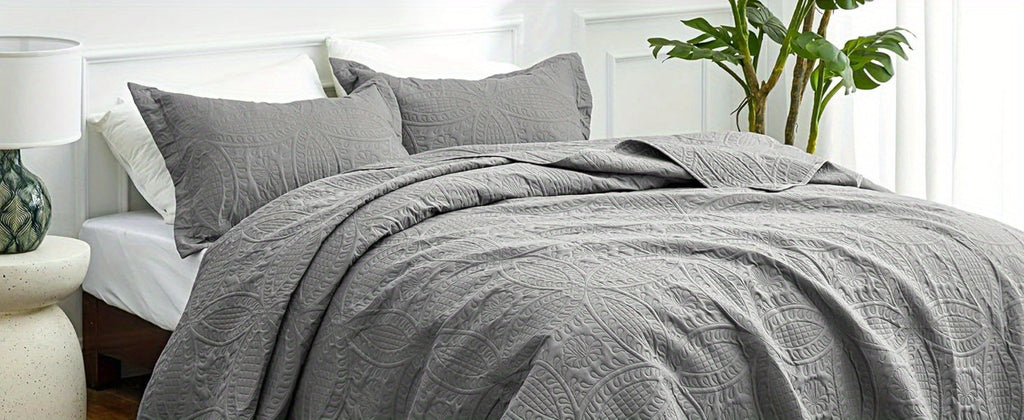 Quilt Set 3 Piece Lightweight Microfiber Bedspread with Pillow Shams - Coin Pattern Coverlet All Season Soft Bed Quilt Full Queen King Orange White Grey Green Khaki