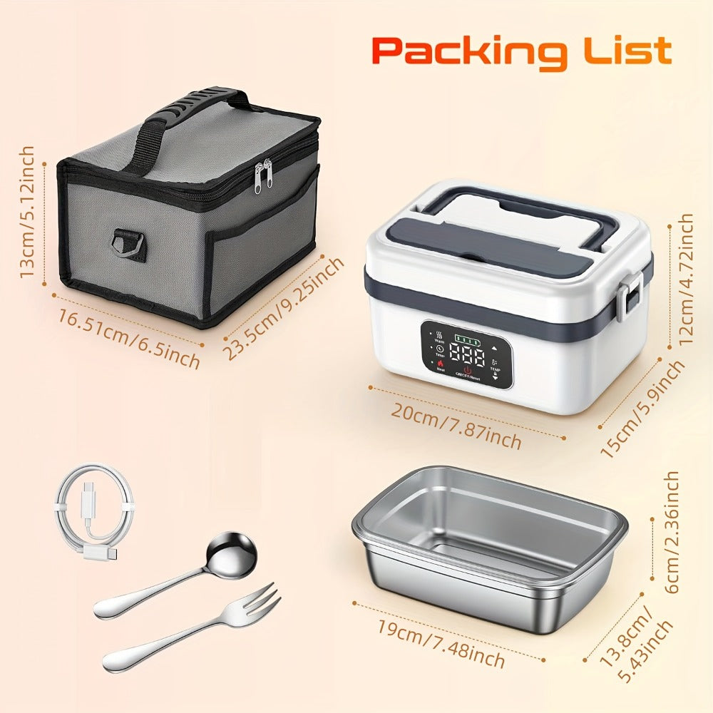 Wireless Heated Lunch Box 8000mAh Battery Powered - 60W Electric Food Warmer 1L Stainless Steel with Smart Timer 8 Settings and Power Bank Function, Portable Lunch Heater for Office Car Truck and Travel, BPA-Free with Fork Spoon and Insulated Bag