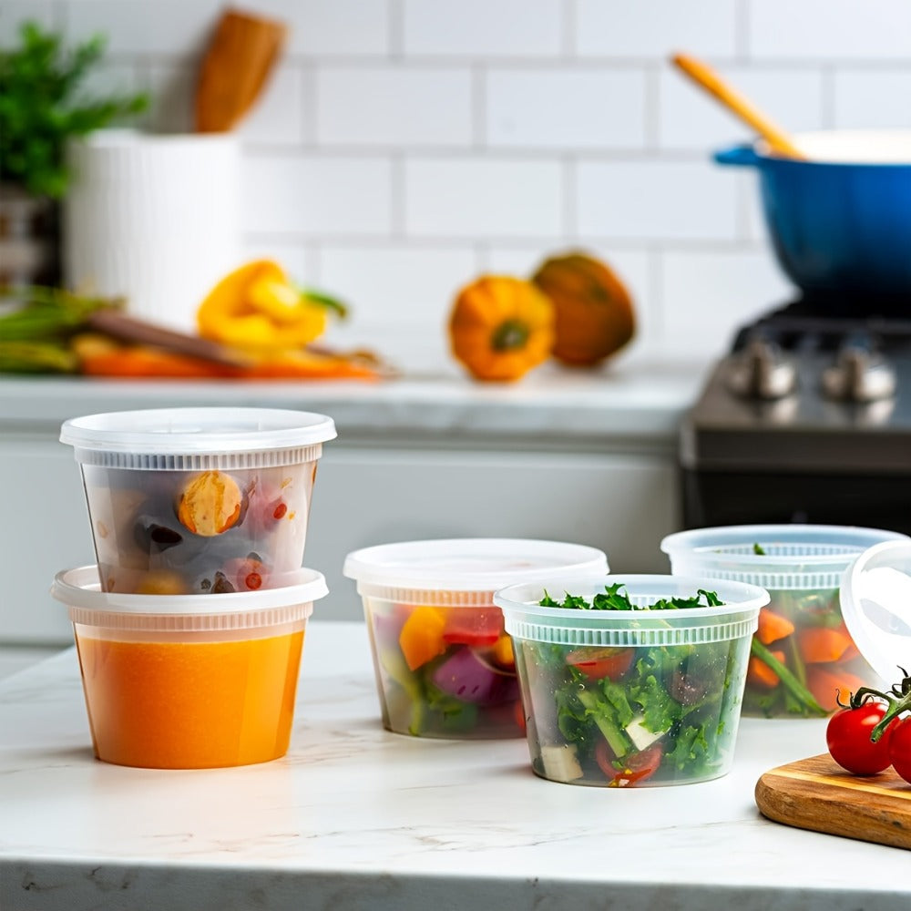 Deli Containers with Lids 24 Pack - 16oz Plastic Food Storage Containers, Stackable Meal Prep Containers, Microwave & Freezer Safe, Leakproof for Soup, Salad, Leftovers - Home & Restaurant Use