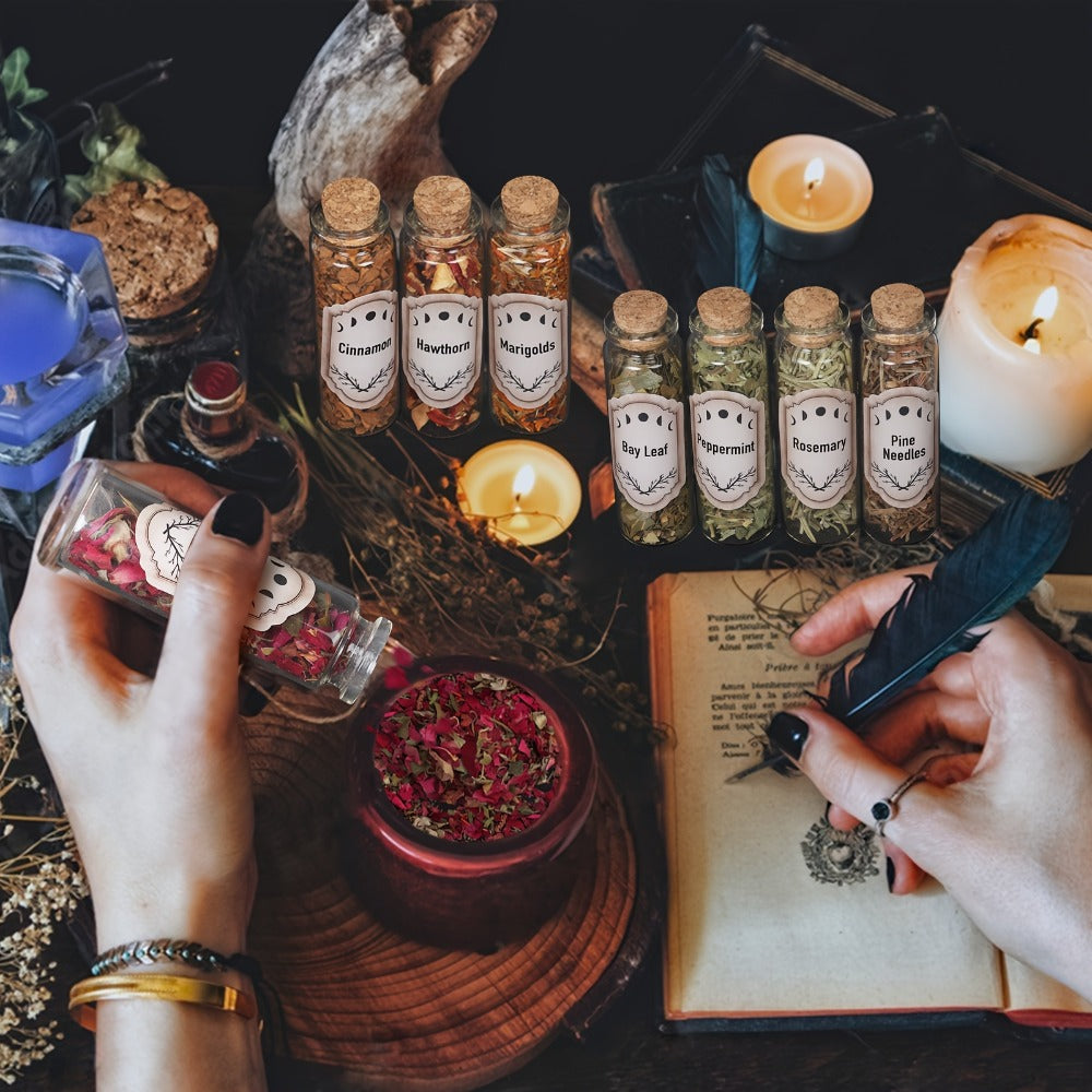 43-Piece Dried Herbs & Flowers Witch Ritual Kit ¨C Sachet Supplies Set with Crystal Spoon, Black Feather & Bell for Pagan Spells, Candle Making, Soap, Wedding Decor