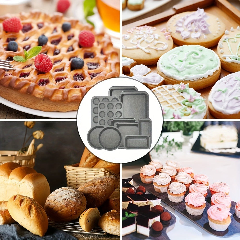 Nonstick Baking Pan Set 2 to 18pcs Carbon Steel Round Square Cake Pan Muffin Pan Bread Pan Cookie Sheet Pizza Pan Wire Rack Whisk Spatula Measuring Spoon Complete Bakeware Set