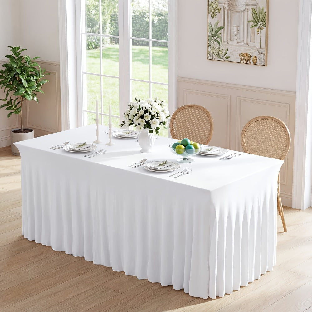 Spandex Table Skirt for Rectangle Tables 6ft, Black White Stretch Table Cover for Events Weddings Banquets, Washable Wrinkle Resistant