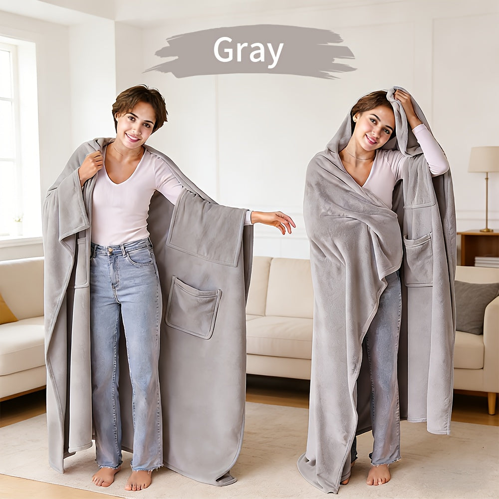 Wearable Blanket Shawl with Inner Pocket - Soft Flannel One-Piece Wrap for Adults Women Men, Cozy Sofa Travel Blanket Machine Washable, Grey Dark Blue Black