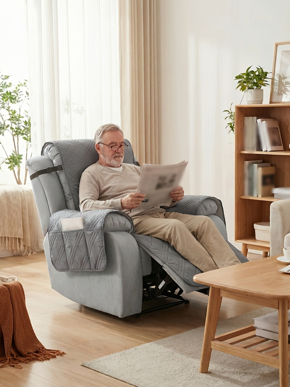 Recliner Cover Quilted with Side Pocket - Anti-Slip Elastic Band Pet Friendly Sofa Chair Protective Slipcover Easy Install for Living Room Home Decor, 6 Colors
