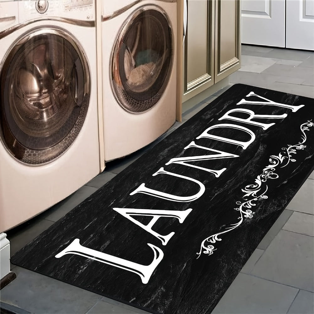 Laundry Room Mat Black & White LAUNDRY Text Non-Slip Machine Washable - Soft Polyester Cut-Pile Floor Rug for Laundry Room, Bathroom, Kitchen & Hallway, Bold Lettering Modern Farmhouse Decor