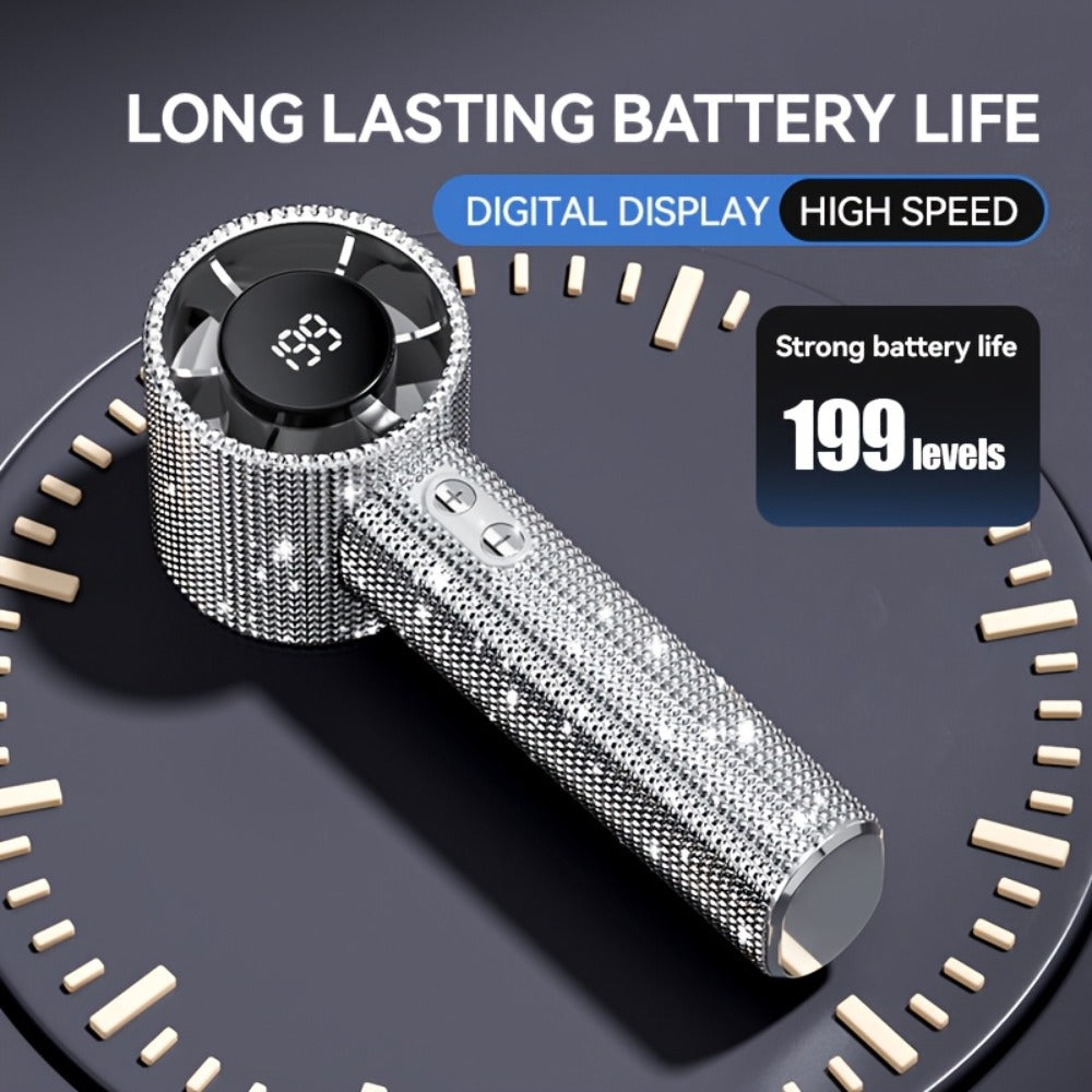 Diamond Handheld Mini Fan USB-C Rechargeable | Luxury Full Diamond Turbo Fan with Adjustable Speed, Quiet Operation & Gift Box Packaging ¨C Portable Personal Cooling Fan for Women, Summer Gift Idea