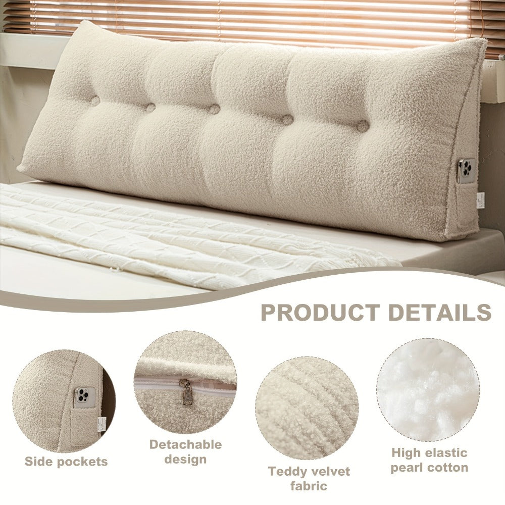 Bed Wedge Pillow Headboard Pillow with Side Pockets Removable Washable Cover Teddy Velvet Reading Pillow Twin Queen King