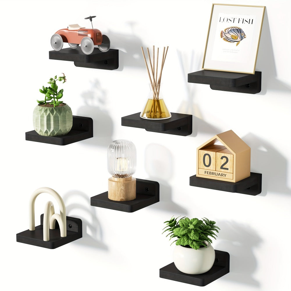 Wall Mounted Wooden Shelves Set of 8 - Small 4 Inch Floating Shelves for Bedroom, Bathroom, Kitchen & Office Decor and Storage, Rustic Style (Pure Black)