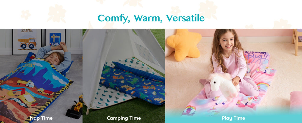 Kids Nap Mat with Removable Pillow & Minky Blanket - Soft Roll-Up Sleeping Bag for Boys Girls, Blue Dinosaur Design, Preschool Kindergarten Daycare Sleepover, Ages 3+, 55''x30''