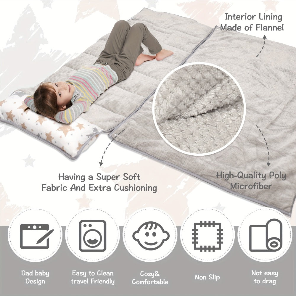 Toddler Nap Mat with Removable Pillow & Minky Blanket, Rollup Kids Sleeping Mat for Daycare Preschool, Portable Toddler Sleeping Bag for Travel Camping, Star Pattern