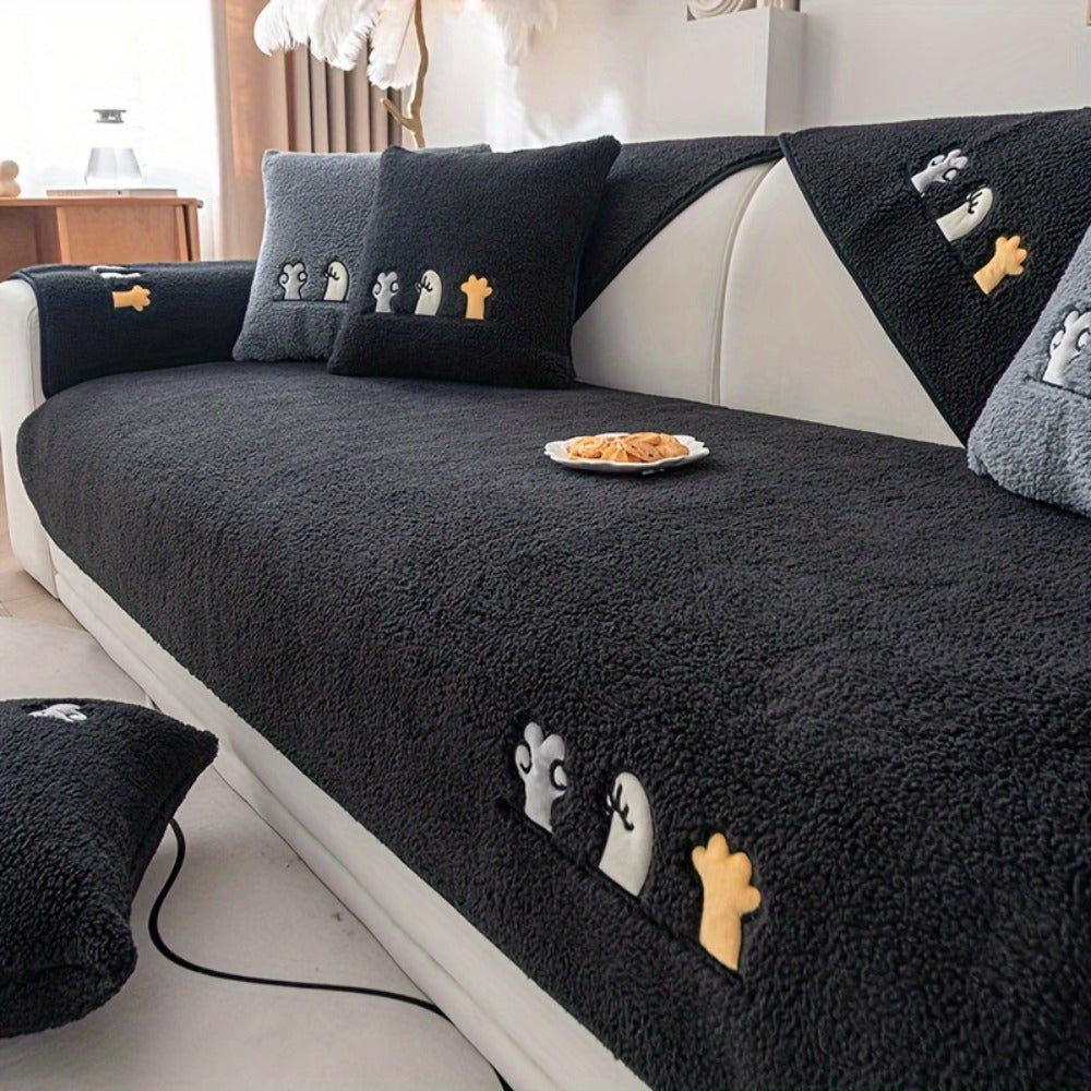 Plush Shearling Sofa Cover Non-Slip Pet-Friendly Couch Protector Animal Bone Embroidery Soft Warm for Living Room Bedroom Office 2 3 4 Seater