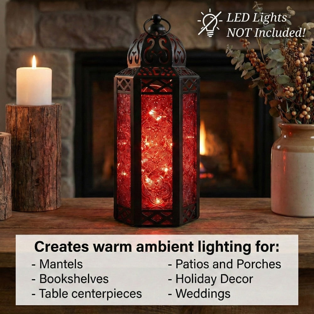 Moroccan Candle Lantern Holder - Decorative Metal & Glass Lantern with Embossed Floral Design for Indoor Home Decor, Garden, Patio, Weddings, Ramadan, Halloween & Holiday Celebrations - 10.5¡± Tall Medium Size