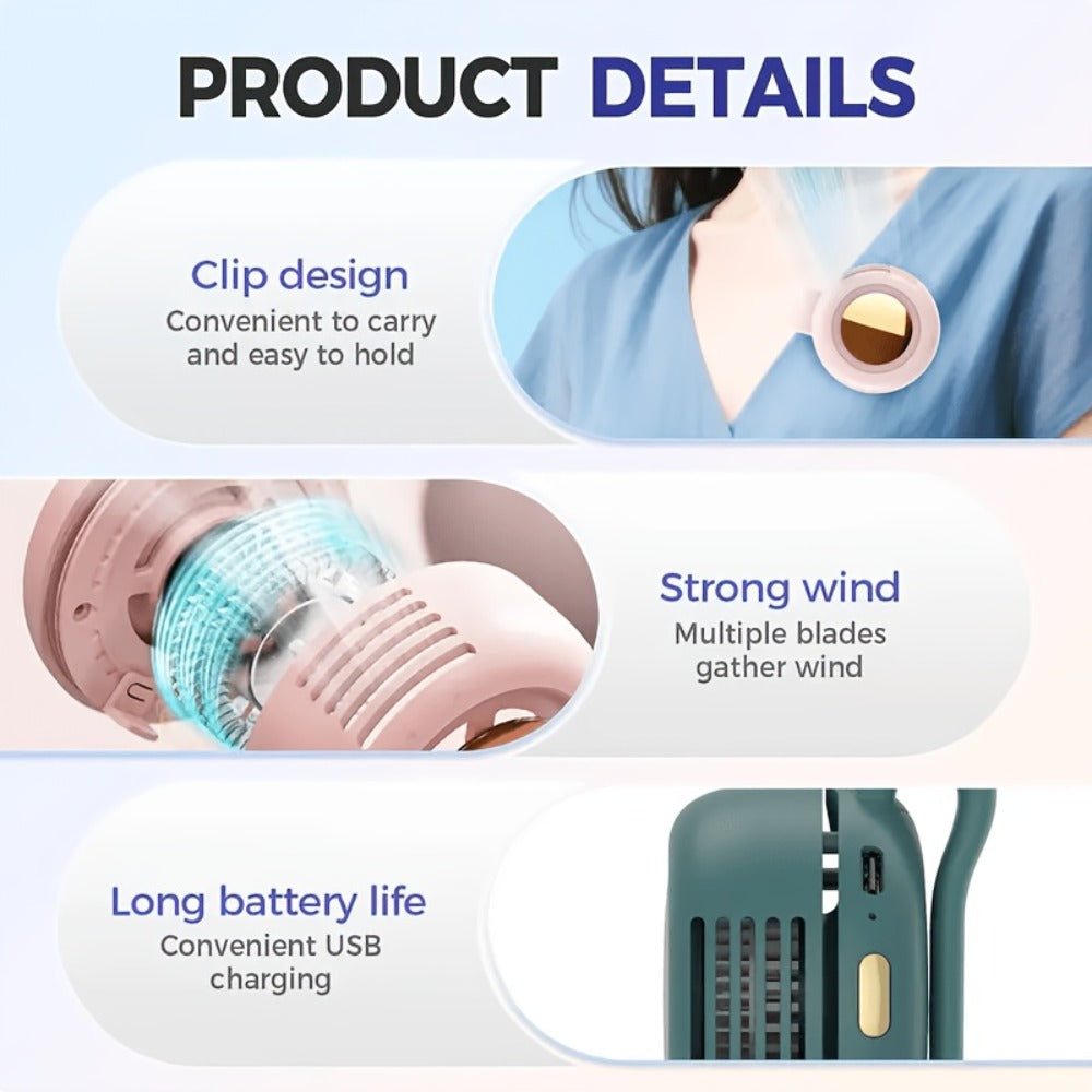 Clip-On Bladeless Neck Fan 360¡ã Surround Wind | Rechargeable Hands-Free Mini Fan for Shirt & Waist, Portable Personal Cooling for Outdoor, Travel & Sports ¨C Digital Display Option, Pink, Green & White, 1pc & 2pcs