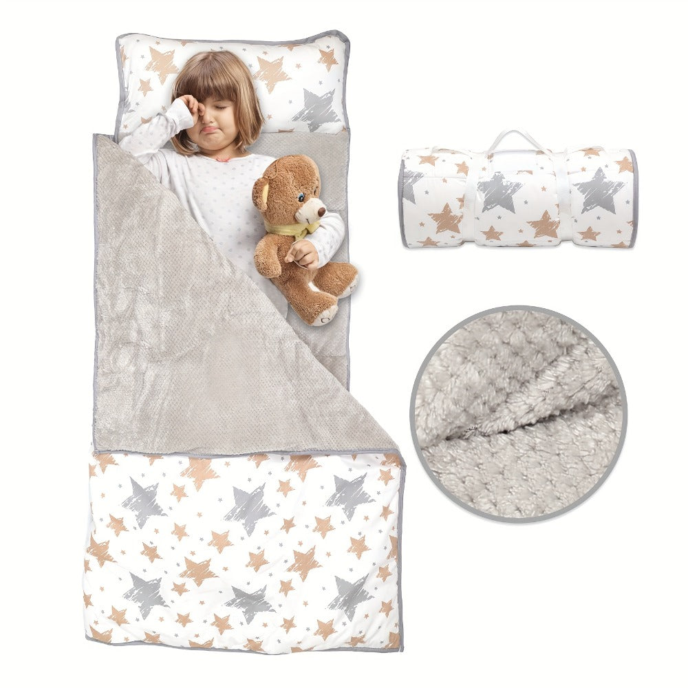 Toddler Nap Mat with Removable Pillow & Minky Blanket, Rollup Kids Sleeping Mat for Daycare Preschool, Portable Toddler Sleeping Bag for Travel Camping, Star Pattern