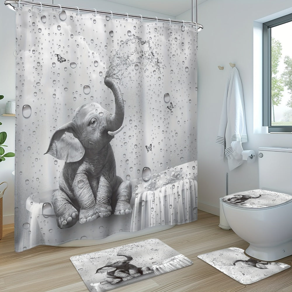 Shower Curtain Set Funny Elephant Bathroom Decor with Hooks Anti-Slip Floor Mat Toilet U-Shaped Mat African Wildlife Bath Decor Gray