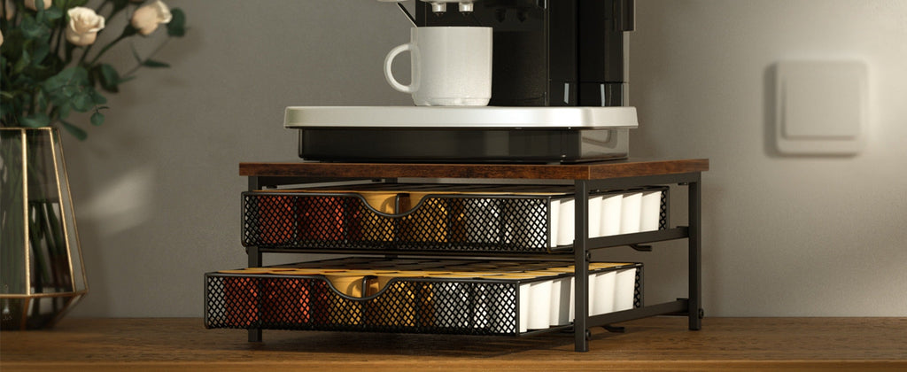 K-Cup Coffee Pod Holder 72 Capacity ¨C 2-Tier Sliding Drawer Coffee Pod Organizer with Wood Top & Metal Frame, Non-Slip Base, Stackable Countertop Storage for Home, Office & Cafe ¨C Silver