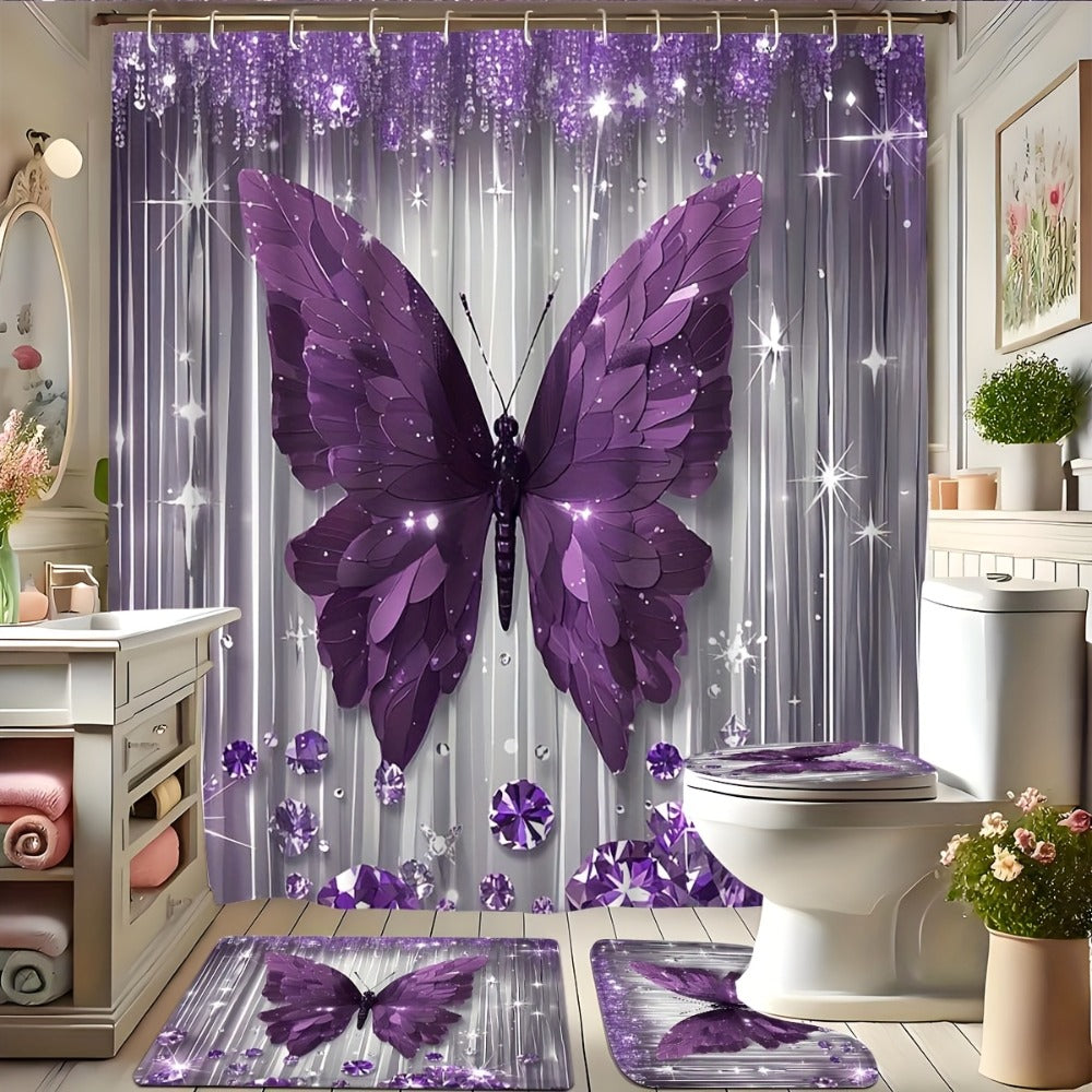 Shower Curtain Set Diamond Butterfly Print 70.8x70.8 Inch - 4 Piece Bathroom Set with U-Shape Toilet Seat Cover Non-Slip Rug 12 Hooks Machine Washable | Cyan Purple Pink | All Season Bathroom Decor