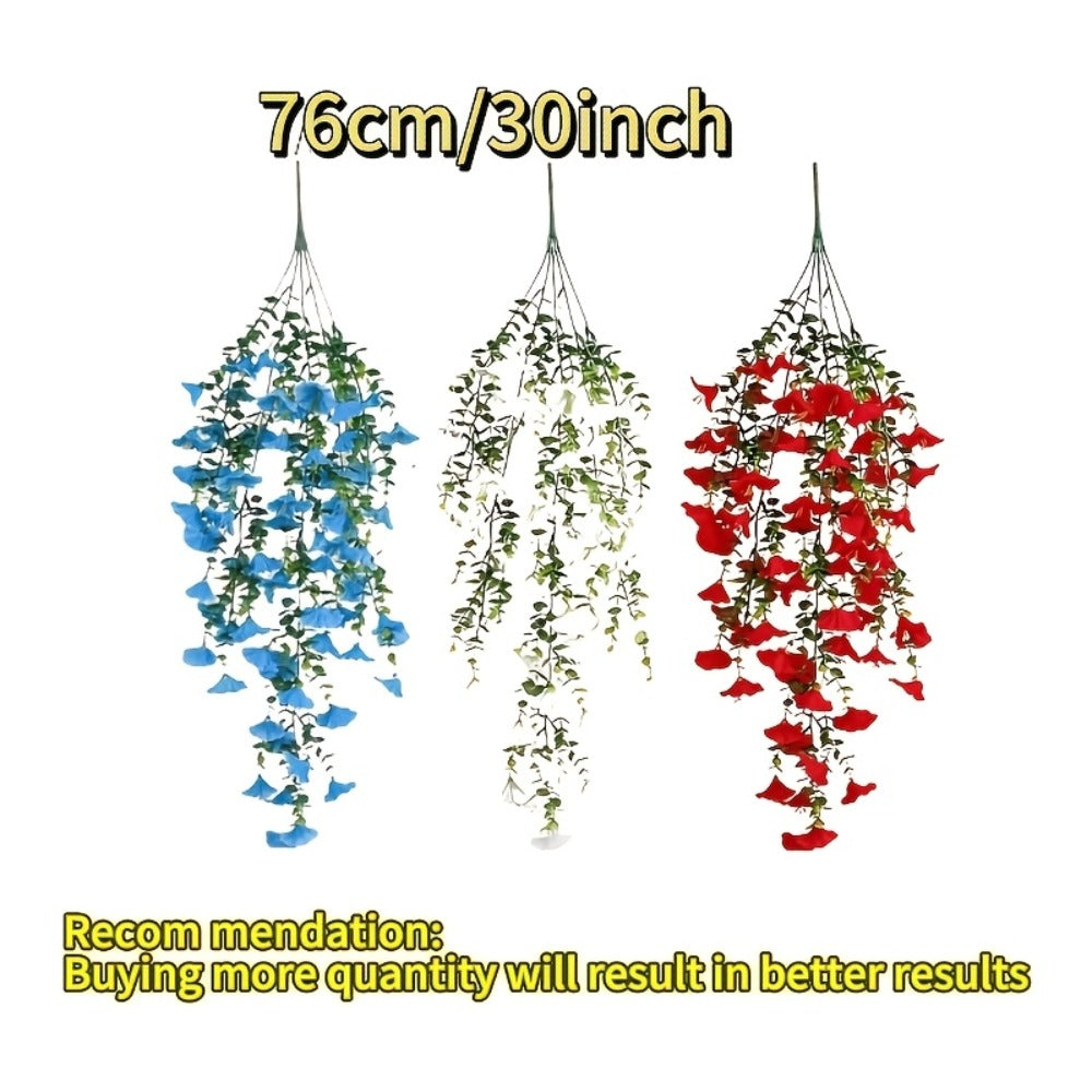 Artificial Hanging Morning Glory Flowers 6pcs - Red White Blue Fake Flower Vines for Home Garden Outdoor Indoor Decor, Independence Day Memorial Day Decoration, No Maintenance Plastic Blooms