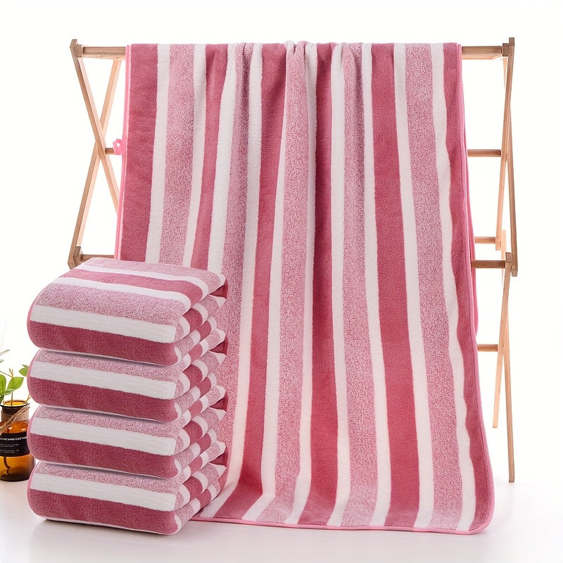 Striped Bath Towel Set 1 or 4 Pack 346GSM - 100% Polyester Super Soft Skin Friendly Absorbent Quick Dry | 70x140cm 27.6x55.1in | Green Gray Red Multi-Color | Home Bathroom Beach Essentials