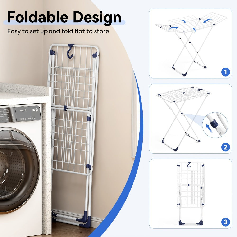 Clothes Drying Rack Foldable 4-Wing Large Capacity Metal Laundry Rack Free Standing Indoor Outdoor Space Saving Airer 55x38 In