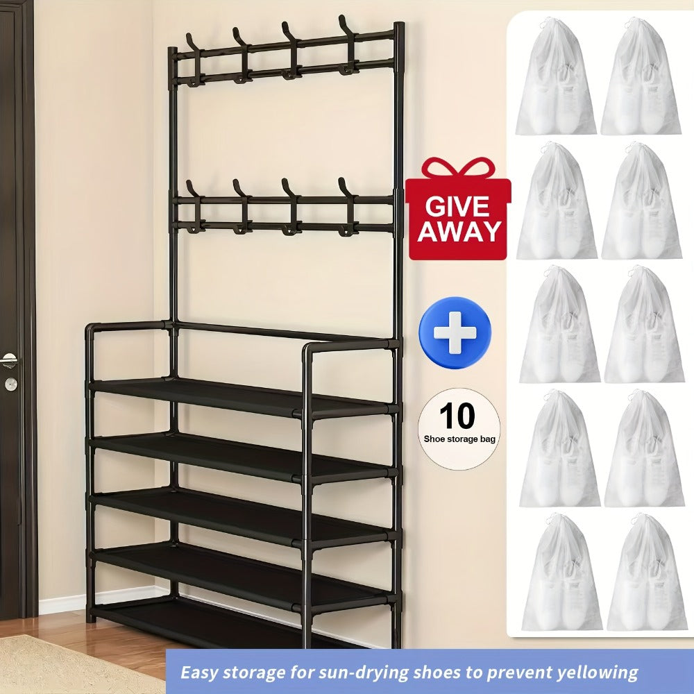 Shoe Rack Organizer with 8 Double Hooks & Multi-Layer Storage Shelves ¨C Floor Standing Coat Hat Holder for Entryway Bedroom Living Room