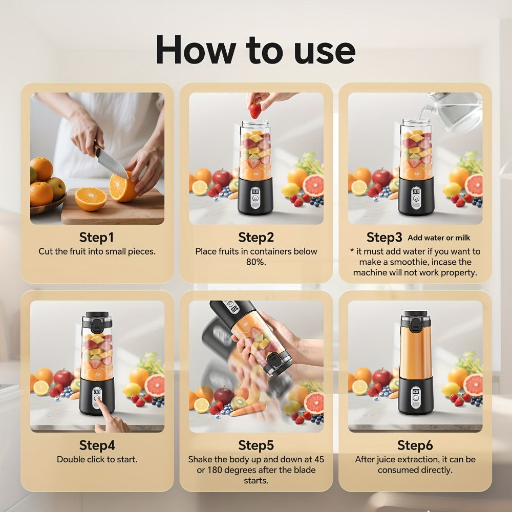 Portable Smoothie Blender USB-C Fast Charge 6-Blade Stainless Steel ¨C Digital Timer Battery Display High-Speed Ice Crush No-Spill Lid | Protein Shake Gym Travel Blender in Black Pink White